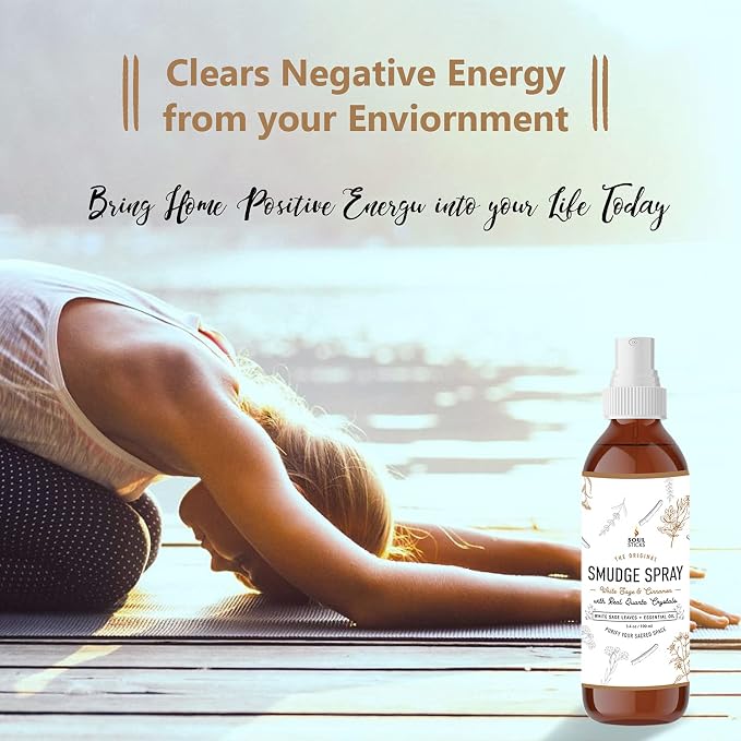 SOUL STICKS White Sage & Cinnamon Smudge Spray – 3.5oz Smokeless Energy Mist with Quartz Crystals – Non-Toxic Cleansing Spray for Aura, Home, Car, Meditation, Yoga, Stress Relief & Protection