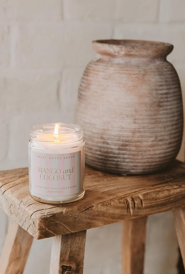 Sweet Water Decor Mango and Coconut Patterned Candle – Soy Candles with Pineapple, Mango, Orange, Peach – 40 Hour Burn – 9oz Clear Glass Jar – Ideal for Valentines Presents or Any Special Occasion