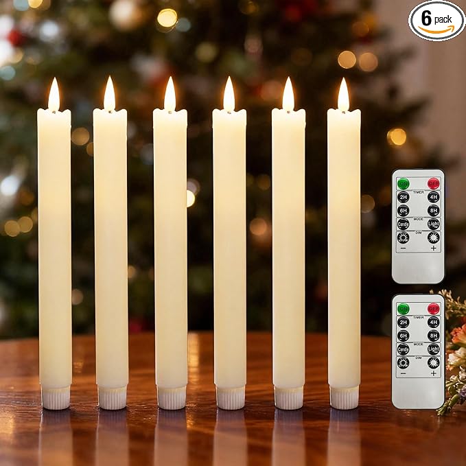 Flameless Taper Candles 9.9 Inch Battery Operated – 6 Pack Beige Realistic Flickering Flame Remote Control Dimmable LED Candles with Timer for Chandelier Candelabra Wedding Holiday Decor