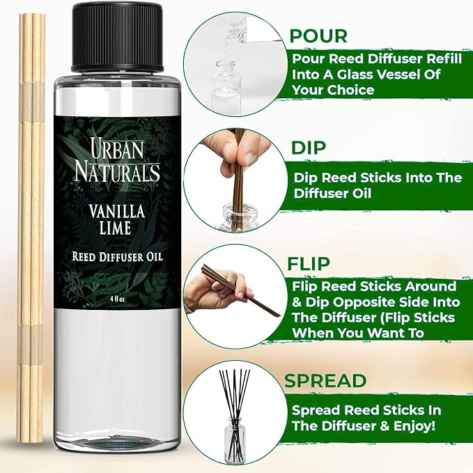 Urban Naturals Reed Diffuser Oil Refill, Vanilla Lime Citrus Essential Oils with Cane Sugar, Lime, Vanilla, 4 oz + Free Reed Sticks, Made in the USA