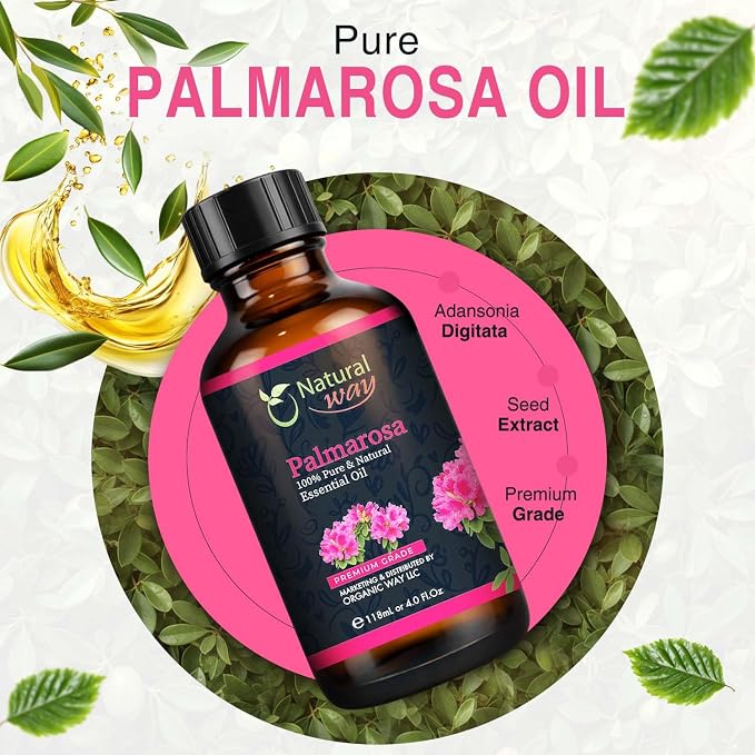 Palmarosa Essential Oil for Diffusers | Natural Aroma Oil for Home Fragrance, Humidifier & DIY Candle Making, Long Lasting Scent for Office, Bedroom & Soothing Scent 4 Fl Oz (120 mL)