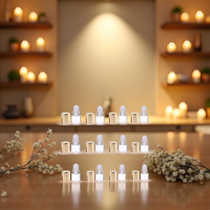 12 Pcs Gold 1ml Mini Glass Roll on Bottles Roller Refillable Essential Oil Aromatherapy Sample Vials Roller Bottles Container