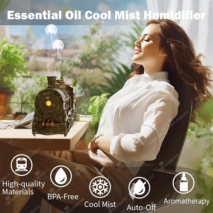 Diffuserlove Essential Oil Diffuser 300ML Train Cool Mist Humidifier Quiet Aromatherapy Diffuser with Night Light for Bedroom Desk