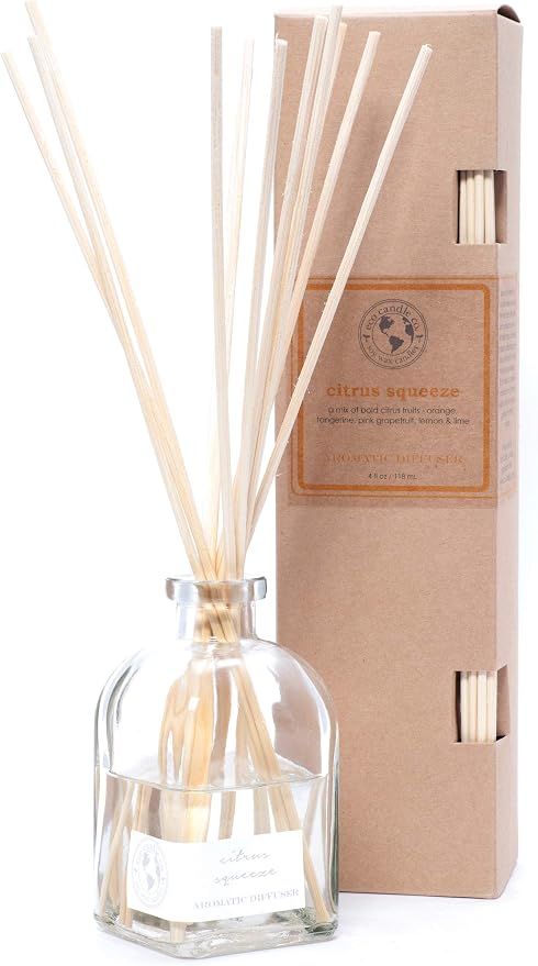 ECO CANDLE CO. Reed Diffuser Set, Citrus Squeeze, 4 oz. - Scents of Orange, Tangerine, Grapefruit, Lemon, & Lime - Premium Fragrance and Essential Oil Blends, Clear Glass, 12 Reeds, Recycled Box