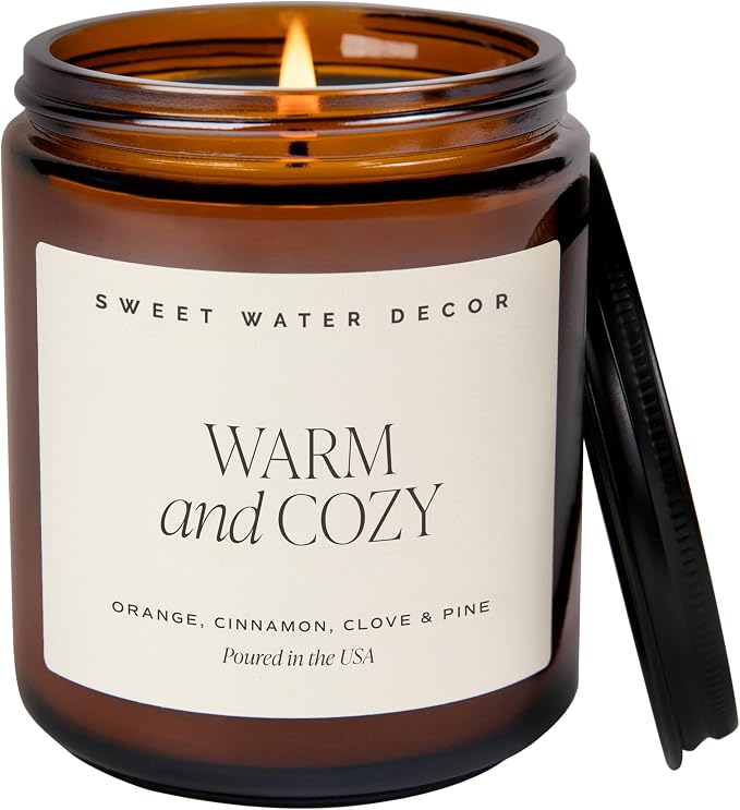 Sweet Water Decor Warm and Cozy Soy Candle - Orange Peel, Cinnamon, Ginger and Clove Scented Candles for Home - 9oz Amber Jar + Black Lid, 40+ Hour Burn Time, Made in the USA