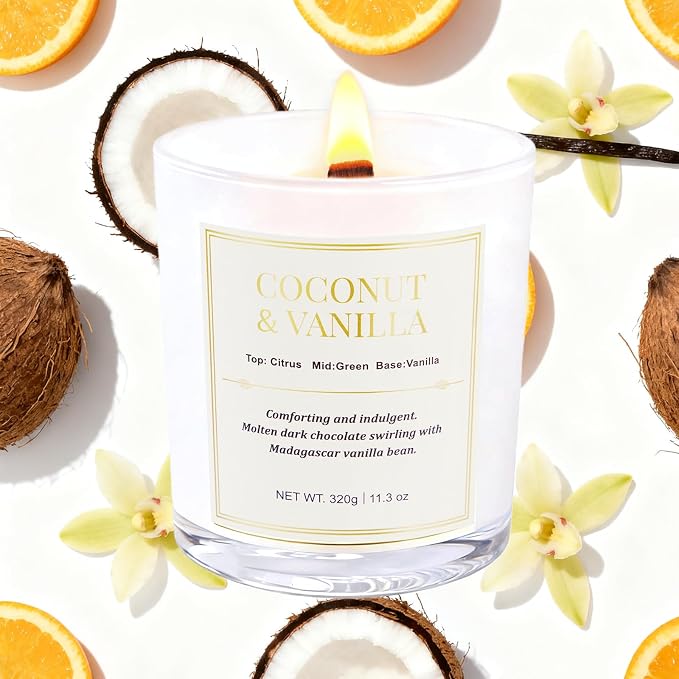 2 Pack Wood Wick Coconut & Vanilla Candle Gift Set – Long Lasting Soy Wax Candles with Gift Boxes, Holiday Aromatherapy Candles for Home Decor & Holiday Gifts