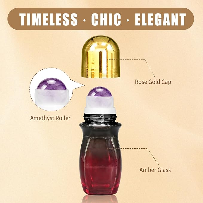 Amethyst Roller Waisted Bottles for Essential Oils,50ml Refillable Amber Glass Roll On Bottles with Natural Crystal Roller Balls, Leak-Proof Travel Perfume Bottle with Gold Caps