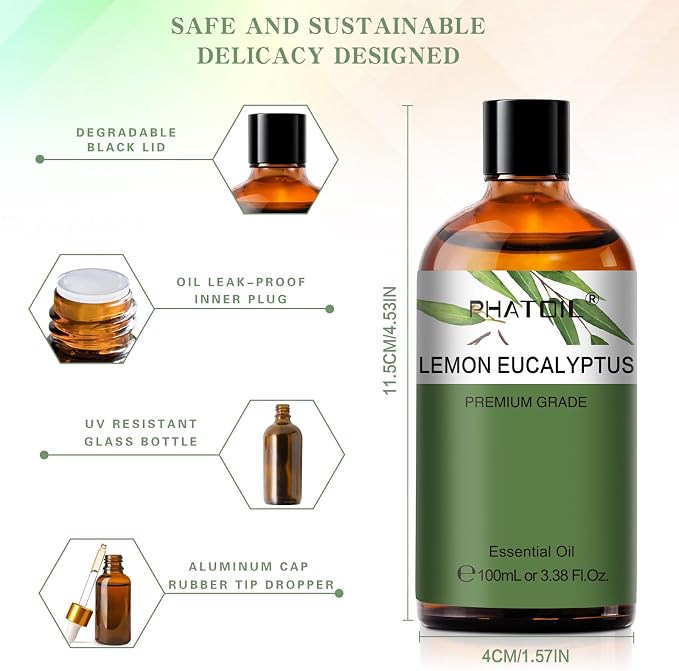 Lemon Eucalyptus 3.38fl.oz Essential Oil, PHATOIL Pure Aromatherapy Oils for Diffuser, Humidifier, Perfect for DIY Soap, Candle, Bath Bombs Making(100ml)