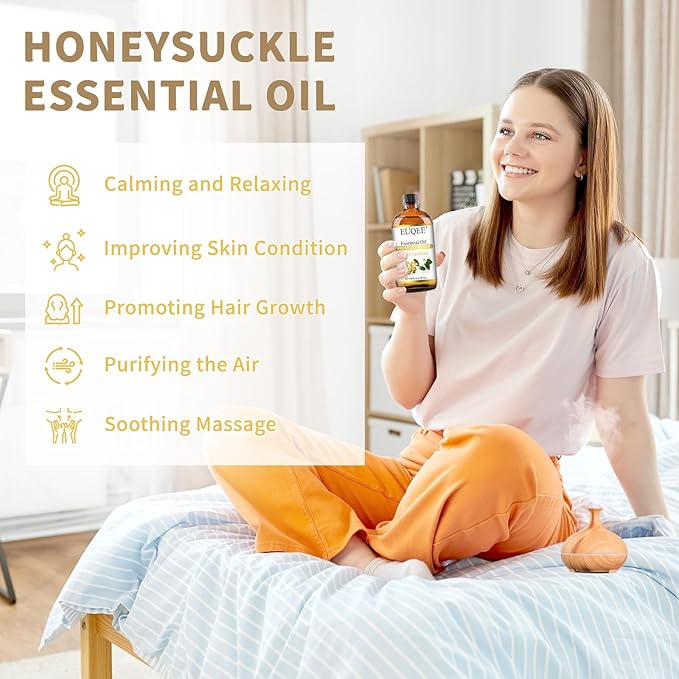 EUQEE Honeysuckle Essential Oil 118ml Pure Honeysuckle Oil Premium Essential Oil - with Glass Dropper Great for Diffuser, DIY Soap, Candle Making - 4Fl. OZ