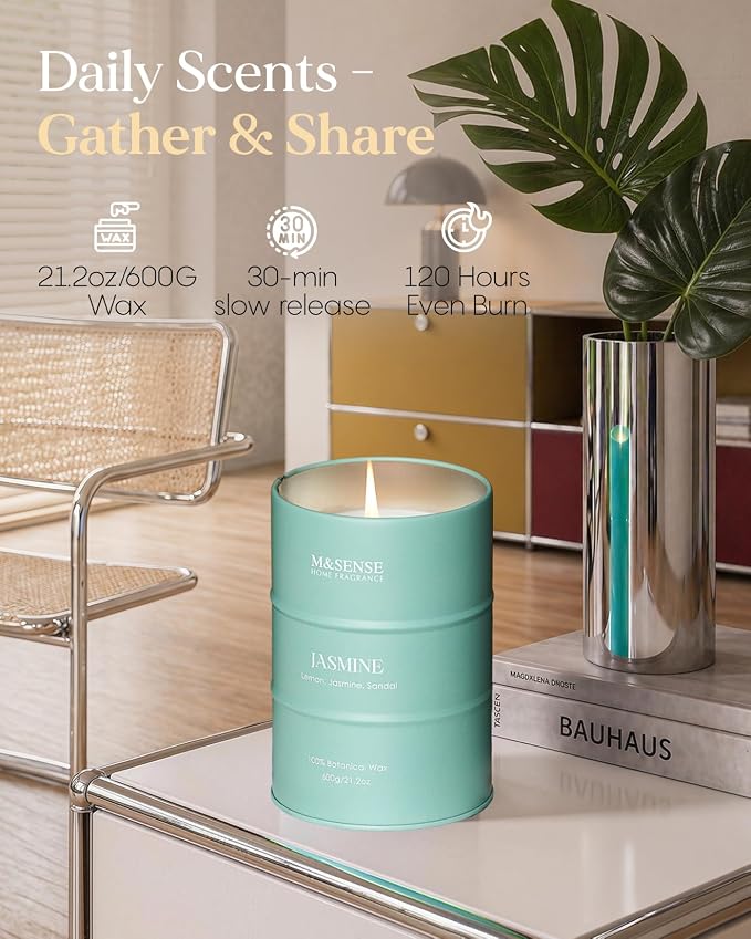 M&SENSE Jasmine Scented Candles Large, Natural Soy Candles 21.2oz 120 Hour Slow Burning,Aromatherapy Candle for Stress Relief Meditation Relaxing