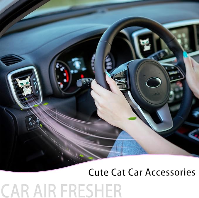 ORIESSE Cat Car Accessories 2pcs White Cat Car Air Freshener Vent Clips kawaii Interior decoration for Women Teens Refillable Diffuser