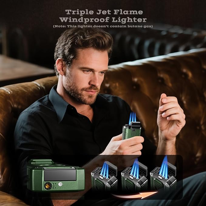 5-in-1 Torch Lighter with Tool, Punch, Holder, and Draw Enhancer Tool, Triple Windproof Jet Flame, Refillable Lighters with Accessories, Cool Lighter Gifts for Men, Butane Lighter for Candle, Travel