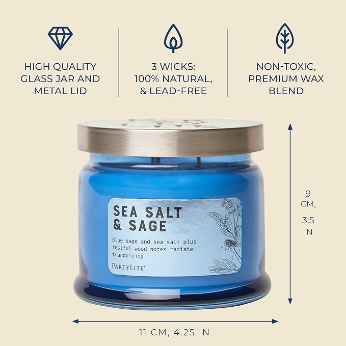 PartyLite Sea Salt & Sage Scented, Notes of Salted Air, Sea-Soaked Sage, Driftwood, Coconut and Sandalwood, 13.2oz 3-Wick Jar Candle, 45 Hour Burn Time, Luxurious Fragrance, Perfect for Gifting