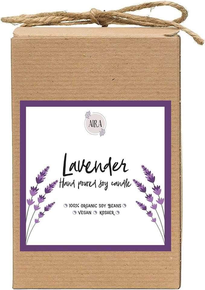 Aira Soy Candles - Organic, Kosher, Vegan, in Mason Jar w/Therapeutic Grade Essential Oil Blends - Hand-Poured 100% Soy Candle Wax - Paraffin Free, Burns 110+ Hours - Pure Lavender - 16 Ounces