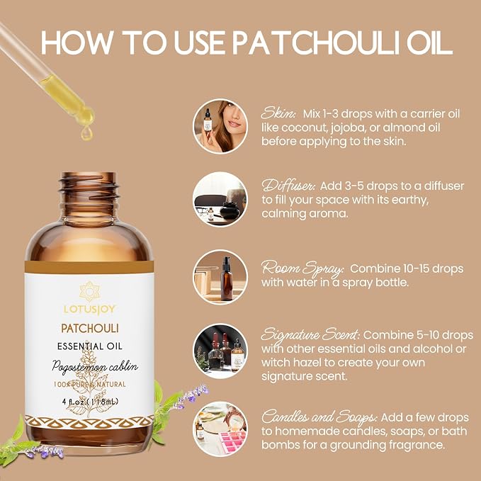 Patchouli Essential Oil for Skin Hair Diffuser, 100% Pure Natural Patchouli Oil for Room Spray, Roll On, DIY Candles & Soap Making - 4 Oz