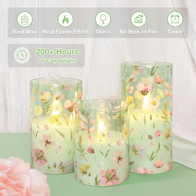 Flameless Candles with Remote Timer, Glass Battery Operated LED Candles, Green Floral Design, Cylindrical Shape, Set of 3 for Home Party Wedding Decor