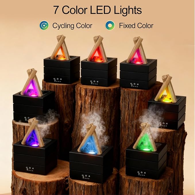 Campfire Flame Essential Oil Diffuser, 280ml Ultrasonic Cool Mist Aromatherapy Humidifier with Remote Control, 7-Color LED Lights, Timer & Auto-Off for Home, Office & Bedroom (Black)