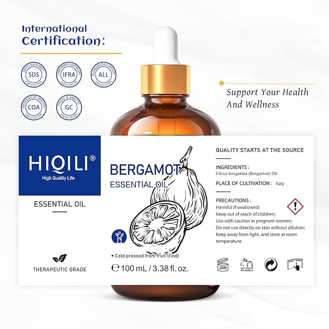 HIQILI Bergamot Essential Oil for Diffuser, Skin, Hair, DIY - 3.38 Fl Oz (100 mL)
