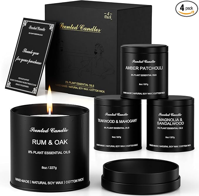Men's Scented Candles Gift Set - 4 Pack Luxury Masculine Scented Candles for Men, 8oz Natural Soy Wax Candles with 8% Essential Oil, Long Lasting Aromatherapy Candles for Home Fragrance,Men,Him