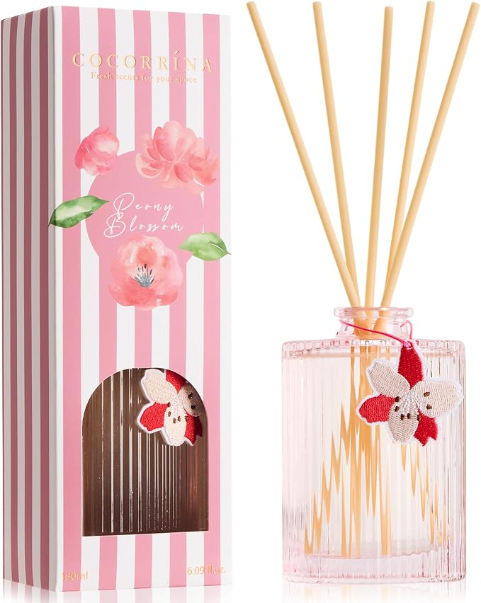 COCORRÍNA Reed Diffuser, Peony Blossom Scent Oil Diffuser, 6.09 fl oz, 8 Reeds, Long-Lasting Home Fragrance, Bathroom Bedroom Shelf Decor & Gifts