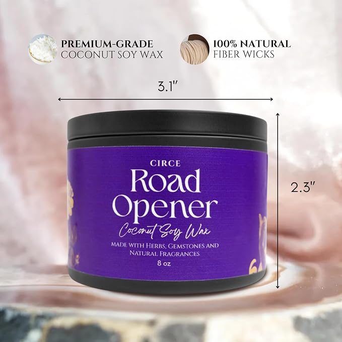 Circe Spell Candle “Road Opener” Coconut Soy Wax Candle Jar – Premium Hand Poured & Long Burning – Herbs, Crystals & Natural Fragrance Oils -Clear Blockages & Amplify Intentions - Self Care, Gift- 8oz