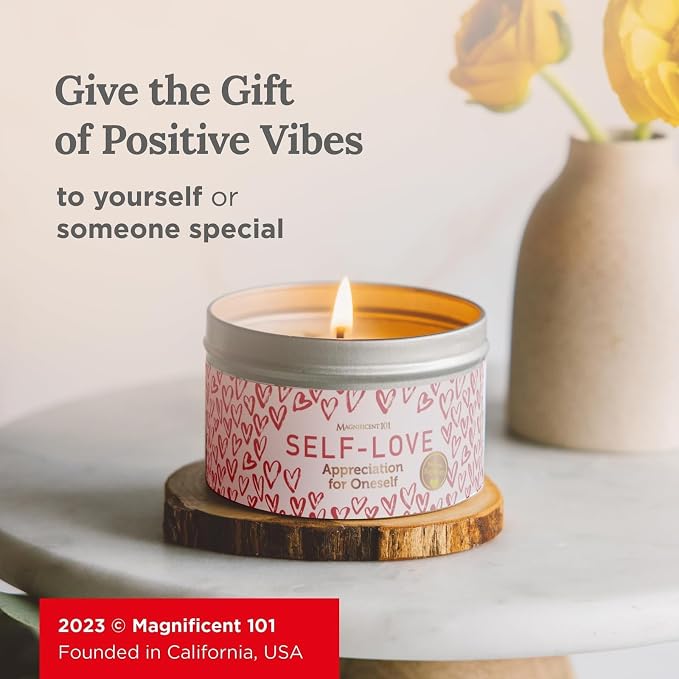 Magnificent 101 Long Lasting Self-Love Aromatherapy Tin Candle | 6 Oz - 35 Hour Burn | All Natural Soy Wax with Sage Rose Lavender Scented for Appreciation for Oneself, Purification, Manifestation