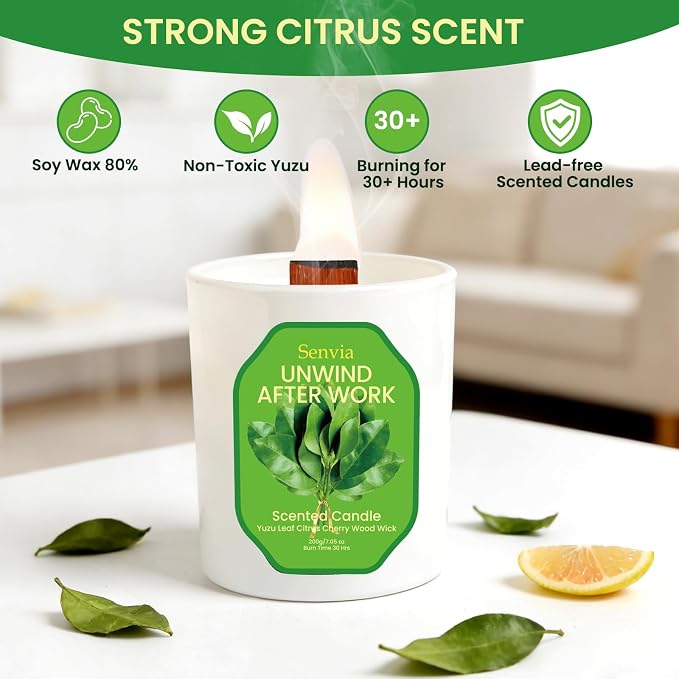 Crackling Wood Wick Candle - Soy Wax, Yuzu Citrus Scented, Non Toxic, Clean Burn for Home Office, Long Lasting for Small to Medium Rooms, Stress Relief