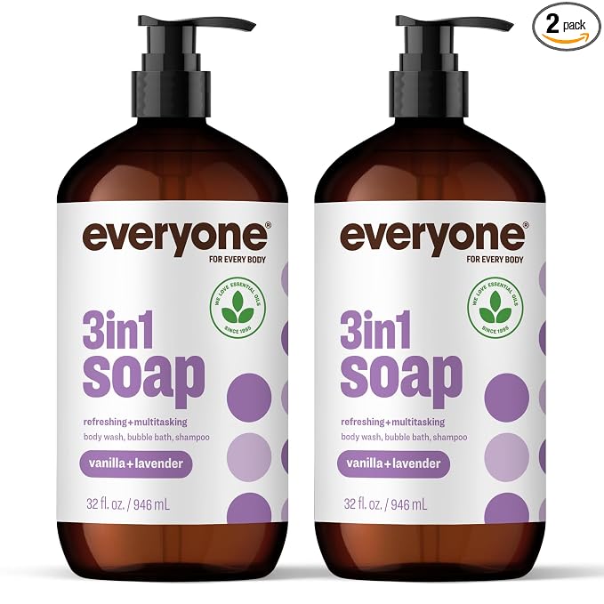 Everyone 3-in-1 Soap, Body Wash, Bubble Bath, Shampoo, 32 Ounce (Pack of 2), Vanilla and Lavender, made with Essential Oils for Men and Women
