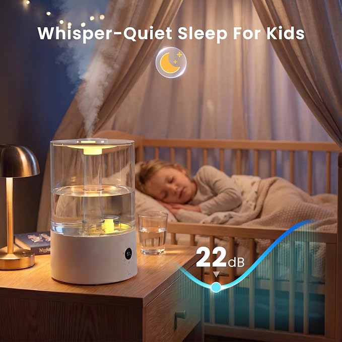 COWSAR Humidifier for Bedroom, 4L Top Fill Humidifier for Large Rooms, Easy Refill & Cleaning, Quiet 22dB, Baby Humidifier, Humidity Display, Up to 40H Runtime, Nightlight, Auto Shut-Off, White