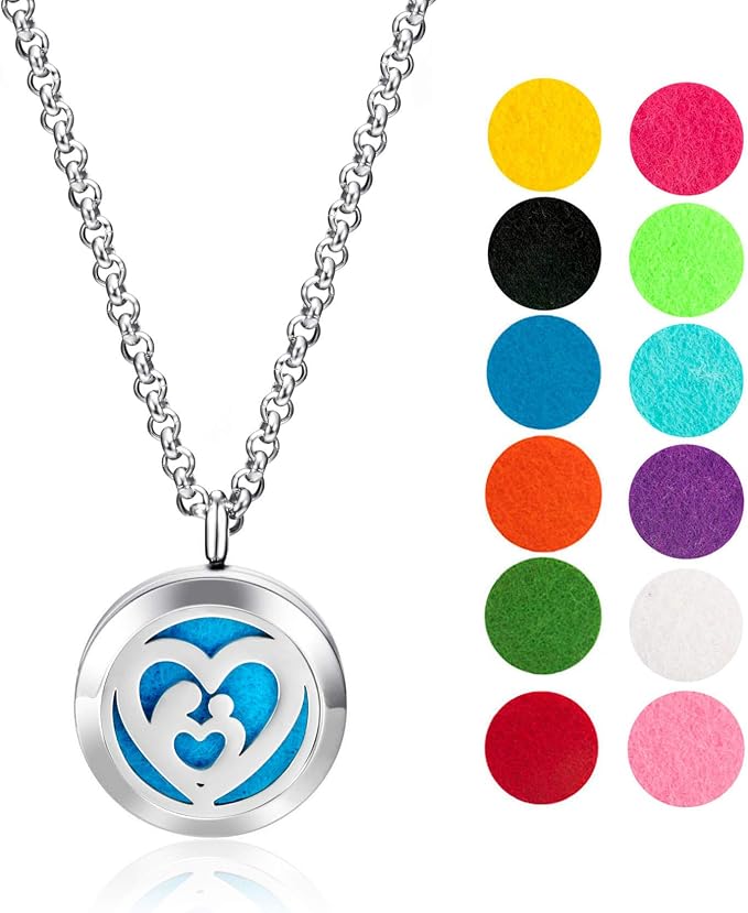 Wild Essentials Mother’s Heart Essential Oil Diffuser Necklace, Stainless Steel Locket Pendant with 24 inch Chain, 12 Color Refill Pads, Customizable Color Changing Perfume Jewelry for Aromatherapy