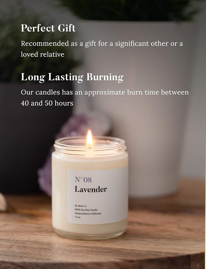 Mia's Co Lavender Scented Candle, Handmade with Natural Soy Wax and Cotton Wicks, 7.5 oz Minimalist Aromatherapy Candle for Home, Long Lasting Burning for Stress Relief, Candle Gift for Women