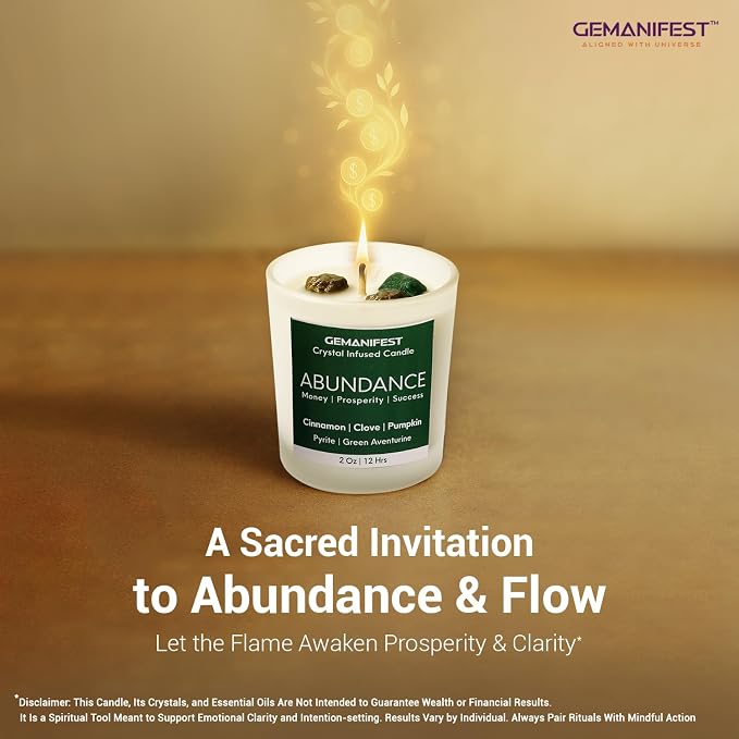 Prosperity Manifestation Abundance Crystal Candle, Real Pyrite and Green Aventurine Pumpkin Spice Soy Candle, Valentine's Gift for Her/Him, Women's Wealth Growth and Success