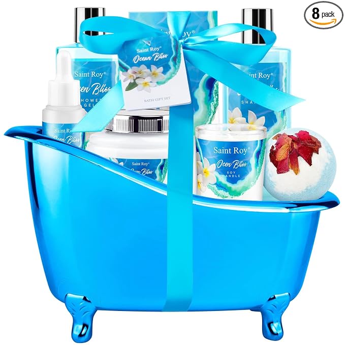 Father's Day Gifts for Women & Men Bath & Body Gift Set, Bath Basket Spa kit Gifts for Her Him Birthday Gift, Self-care Home Spa Kit, 8pcs Christmas Gift for Women Ocean Vanilla, Spa Gift Baskets
