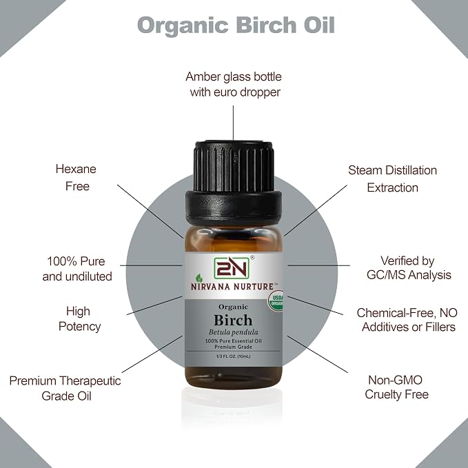 Birch Essential Oil, USDA Certified Organic, 100% Pure Undiluted, Aromatherapy Oil for Diffuser, Hair & Skin Care