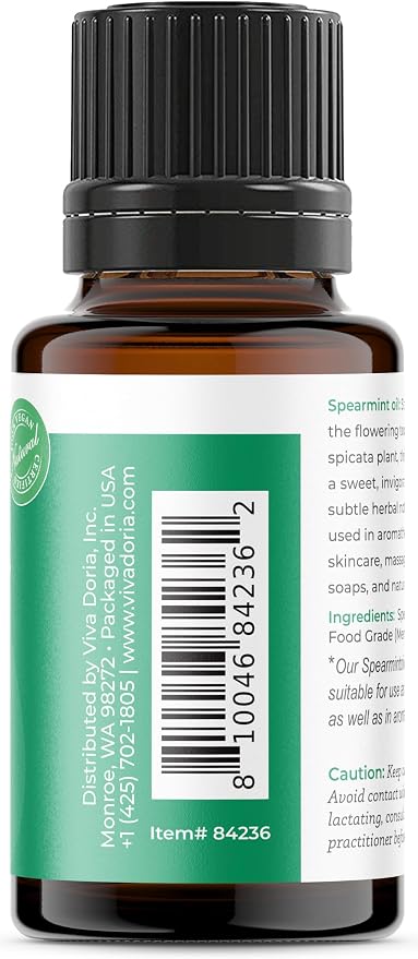 Viva Doria Spearmint Essential Oil, 100% Pure, Natural Spearmint Essential Oil, Spicata Variety, Undiluted, for Aromatherapy | Food Grade, 15 mL (0.5 Fluid Ounce)