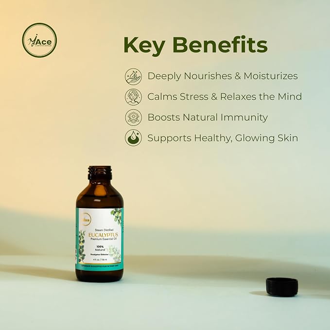 My ACE Eucalyptus Essential Oil 4 Fl Oz - Pure & Natural - Premium Grade for Aromatherapy, Diffuser, Skin, Hair, Massage, Candle & Soap Making, Home - Glass Bottle with Dropper - Long Lasting Scent