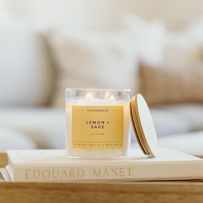 Calyan Wax Co. Lemon & Sage 2 Wick Scented Candle - 37 Hour Burn - Luxury Clean Soy Wax Candles - Long Lasting Large Glass Jar Candle for Home - 8.8oz