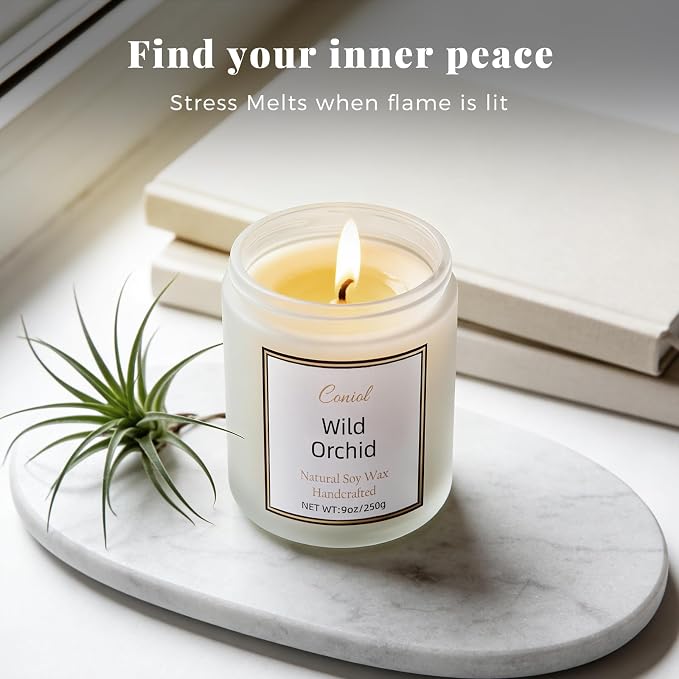 Wild Orchid Strong Scented Soy Candle for Home, Non Toxic Natural Aromatheraphy Candles, 50H Long Burning Smokeless Jar Candel, Home Fragance Gift for Stress Relief, Relax, Holiday (9oz)