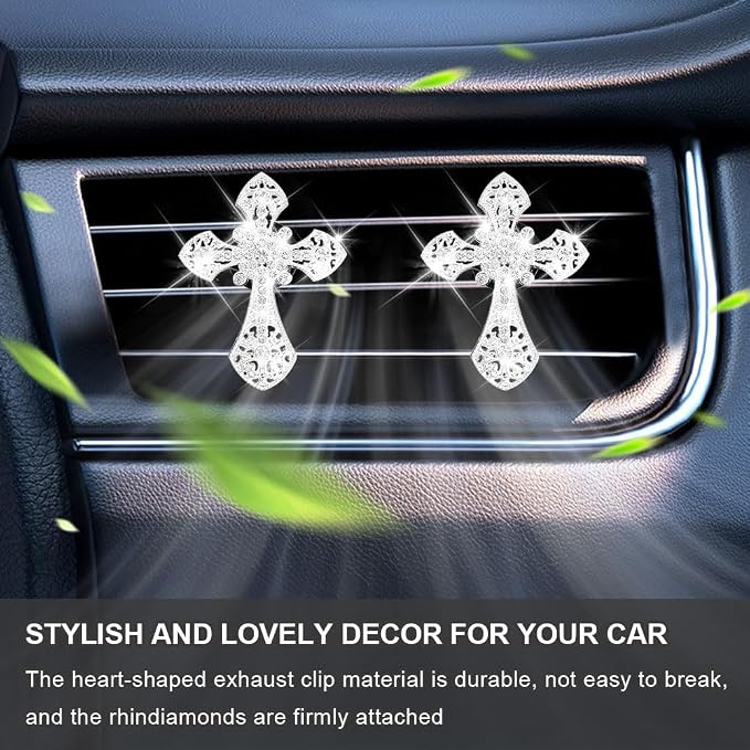 2PCS Car Air Vent Clip, Car Diffuser, Bling Car Dashboard Air Vent Trim Clip, Cross Air Conditioning Outlet Clip for Women Girls, Silver