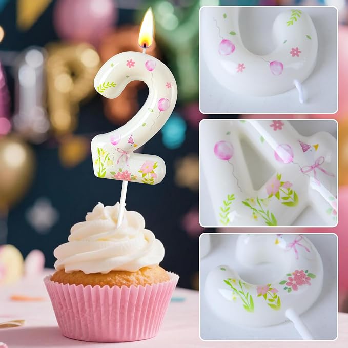 Number 2 Birthday Candle for Cake – Goose Inspired Design with Floral, Balloon & Leaf Details – Farm Theme Cake Topper for Birthday Party Decoration