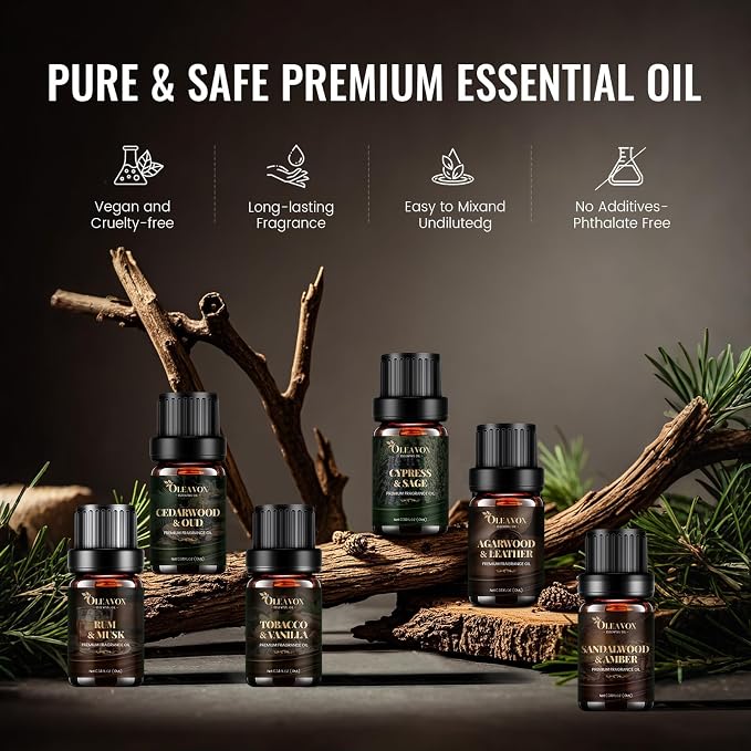 Men Essential Oils Gift Set, Premium Fragrance Oil for Diffusers for Home, Candle & Soap Scents,Agarwood & Leather,Tobacco & Vanilla, Sandalwood & Amber, Cypress & Sage, Rum & Musk,Cedarwood & Oud