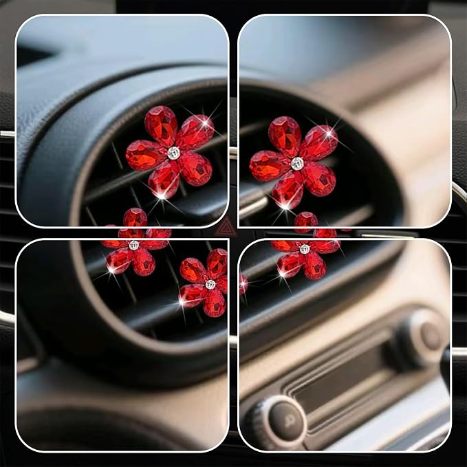 Bling Daisy Flower Car Air Vent Clips, 5PCS Sparkling Crystal Rhinestone Cute Vehicle Air Conditioning Clamp, Diamond Auto Air Outlet Clip Decor for Women Girls (Red)