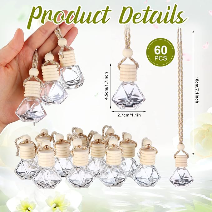 60 Pcs Hanging Car Air Freshener Car Diffuser Bottle Empty Glass Perfume Bottles Air Freshener Diffuser Bottle Pendant for Essential Oils Fragrance Aromatherapy Ornament Decor (Classic Style)