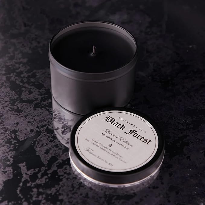 Archipelago Botanicals Black Forest Soy Wax Blend Travel Candle Tin, Dark Ebony Wood, Douglas Fir and Black Currant Scent, Clean Burning, Lead-Free Wick, 30 Hour Burn, 5.7 oz