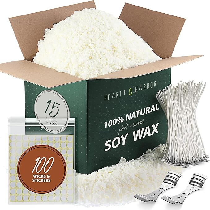 Hearth & Harbor Organic Soy Candle Wax for Candle Making, 15 lbs Natural Candles Making Supplies, Beeswax-Free, Paraffin-Free, Pure Soy Wax Flakes Perfect for Candles, Tealights and Melts