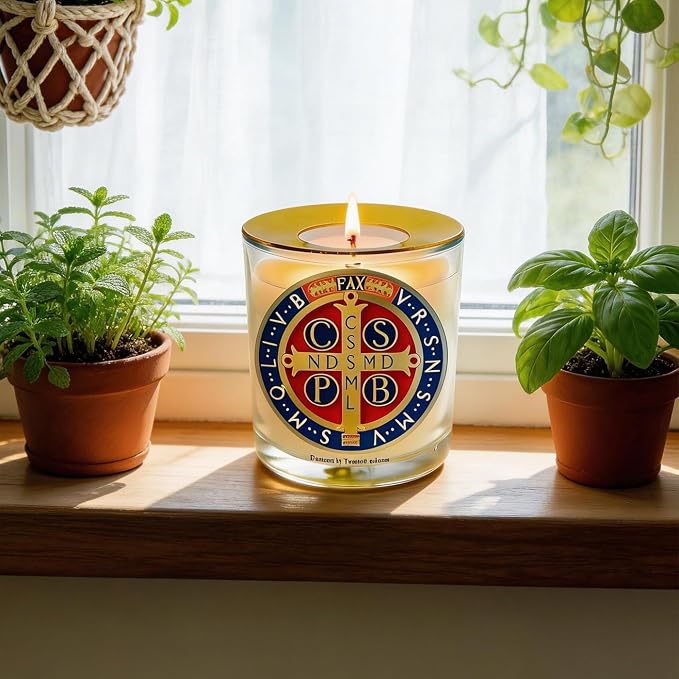 Saint Benedict Medal Candle 50 Hours│Hand-Poured Natural Soy Wax│Protection from Evil, Peace, Guidance, Holy Death, Spiritaul Discipline│Design in Paris│3“×3.6”