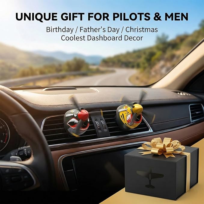2PCS P-40 Warhawk Car Air Freshener with Spinning Propeller, Airplane Vent Clip Car Diffuser, Shark Mouth Dashboard Decor for Men, WWII Aviation Car Gif(style-A-2PCS)