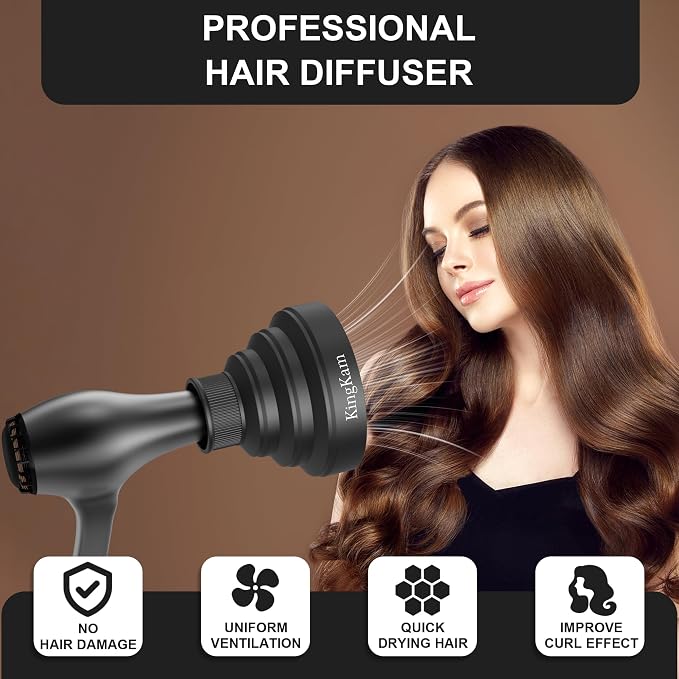 KingKam Collapsible Hair Dryer Diffuser - Travel and Easy Storage - Diffuser Attachment Fit Most Hair Dryers with Nozzle Diameter D-1.575Inch to 1.968 Inch (4-5cm) - Black