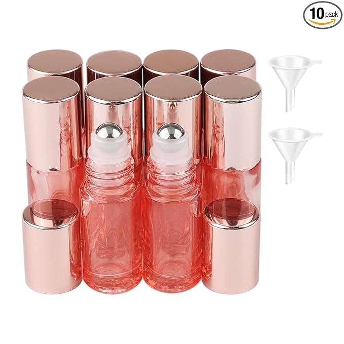 10Pcs 5ml Glass Roller Bottles for Essential Oils, 1/6 oz Refillable Roll on Vials with Funnels, Small Containers with Stainless Steel Ball for Perfumes Aromatherapy Liquid, Rose Gold