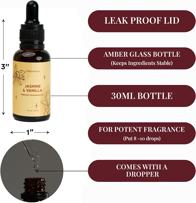 Folkulture Jasmine & Vanilla Essential Oil Blend | 30 ml - 1.01 Fl Oz Fragrance Oil | Premium Diffuser Oils for Humidifier, Diffuser for Relaxation, Calmness, Home Fragrance & House Warming Gifts
